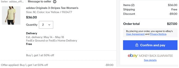 ebay优惠码2024 adidas折扣码 阿迪达斯 滑板系列 女款黄色三条杠T恤凑单折后价.5（约98元）-图片2