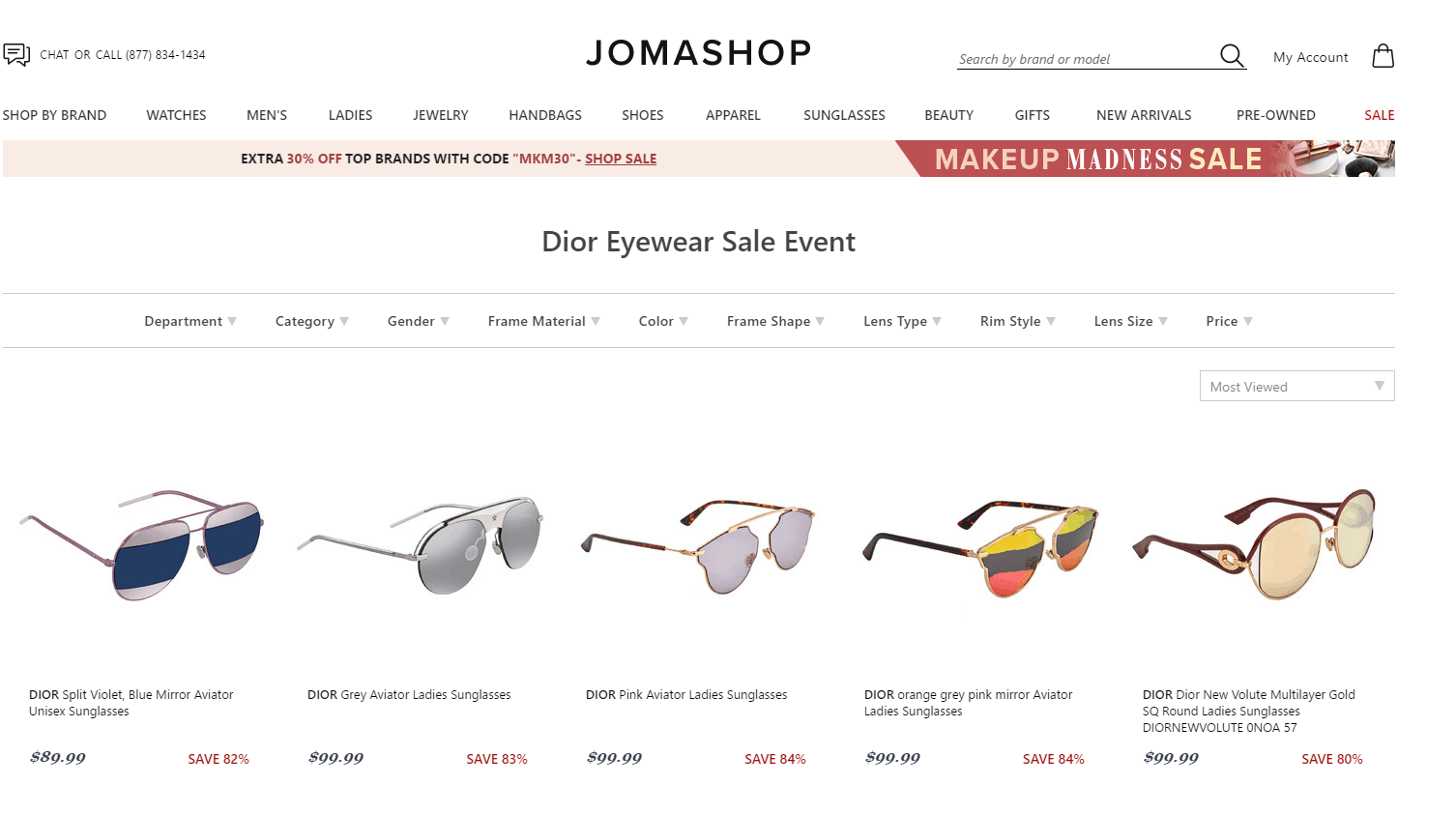 Jomashop优惠码2024 jomashop现有精选Dior太阳镜1.6折起促销凑单满减