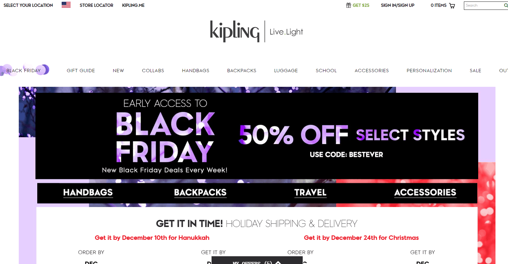 Kipling優惠代碼2022-凱浦林美國站黑五預熱精選包袋額外5折特賣另精選部分包款$29.99起