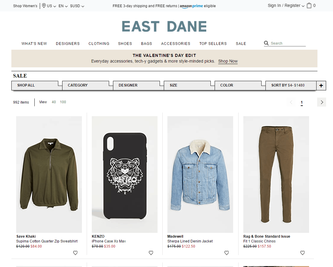 East Dane折扣码2024 烧包网旗下Eastdane年终大促精选商品低至4折促销可直邮